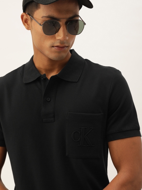 

Calvin Klein Jeans Men Black Solid Slim Fit Polo Collar Pure Cotton T-shirt with Pockets