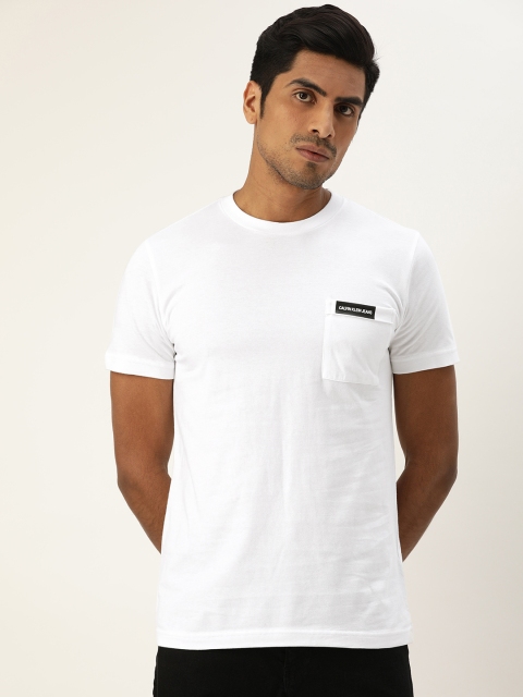 

Calvin Klein Jeans Men White Printed Round Neck Pure Cotton T-shirt with Pocket