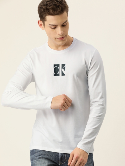

Calvin Klein Jeans Men White Solid Slim Fit Round Neck T-shirt with Print Detail