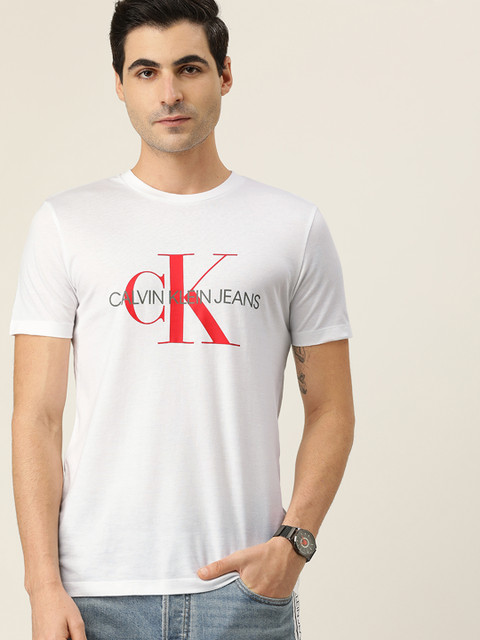 

Calvin Klein Jeans Men White Printed Round Neck Pure Cotton T-shirt