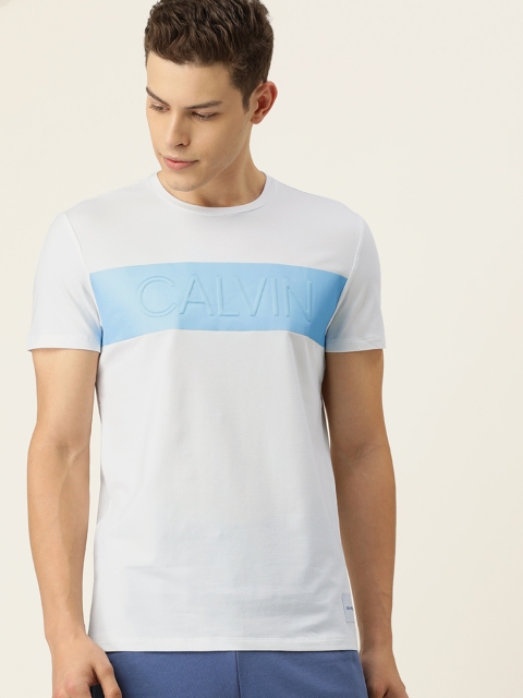 

Calvin Klein Jeans Men White & Blue Colourblocked Round Neck T-shirt with Printed Detail