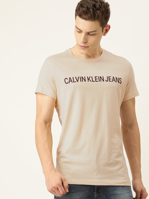 

Calvin Klein Jeans Men Beige Printed Slim Fit Round Neck Pure Cotton T-shirt
