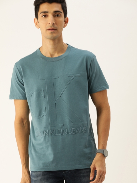 

Calvin Klein Jeans Men Blue Embossed Round Neck T-shirt with Embroidery