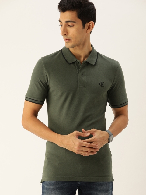 

Calvin Klein Jeans Men Olive Green Slim Fit Solid Polo Collar T-shirt