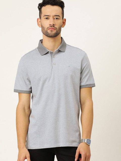 

Calvin Klein Jeans Men Grey White Striped Polo Collar Pure Cotton T-shirt