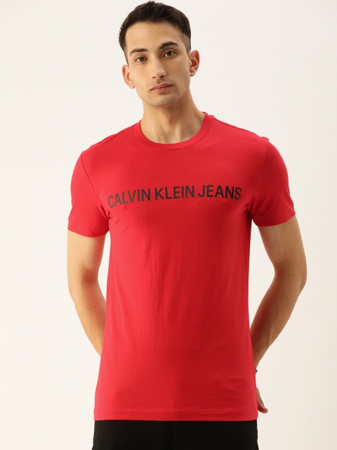 

Calvin Klein Jeans Men Red Slim Fit Printed Round Neck Pure Cotton T-shirt