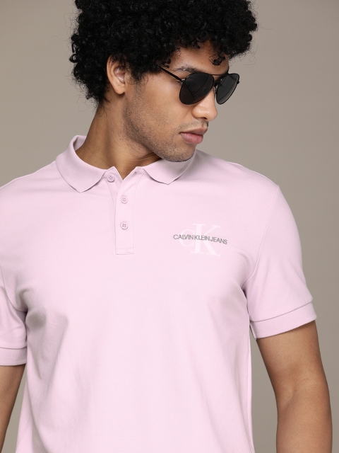 

Calvin Klein Jeans Men Pink Brand Logo Printed Polo Collar Casual T-shirt