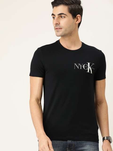 

Calvin Klein Jeans Men Black Solid Round Neck T-shirt with Print Detail