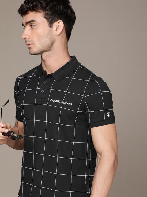 

Calvin Klein Jeans Men Black Grid Checked Polo Collar Casual T-shirt