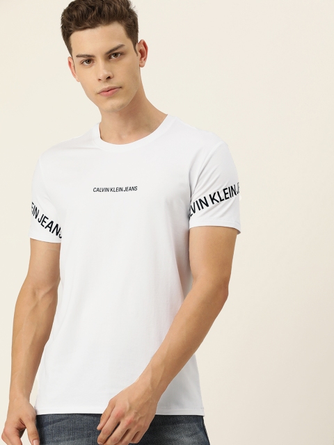 

Calvin Klein Jeans Men White Solid Slim Fit Round Neck T-shirt with Print Detail