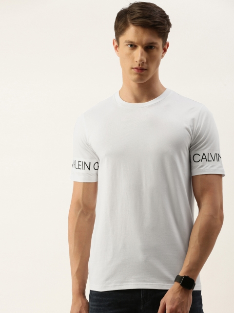 

Calvin Klein Jeans Men White Solid Round Neck T-shirt with Printed Sleeves