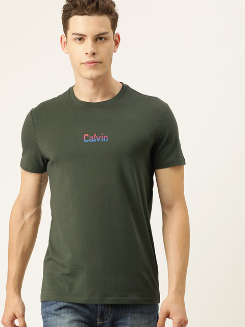 

Calvin Klein Jeans Men Olive Green Solid Slim Fit Round Neck T-shirt with Print Detail