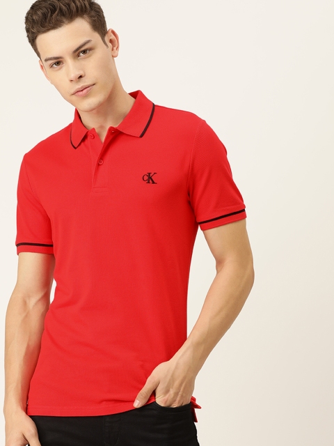 

Calvin Klein Jeans Men Red Solid Polo Collar T-shirt With Embroidery