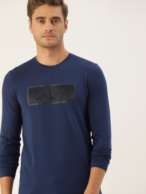 

Calvin Klein Jeans Men Navy Blue Slim Fit Embossed Printed Round Neck T-shirt