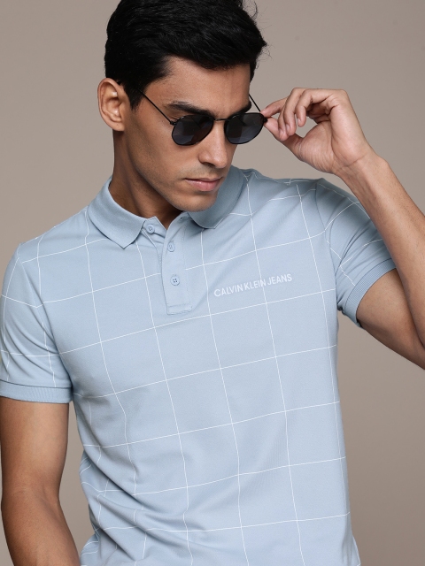 

Calvin Klein Jeans Men Blue & White Checked Polo Collar Slim Fit T-shirt