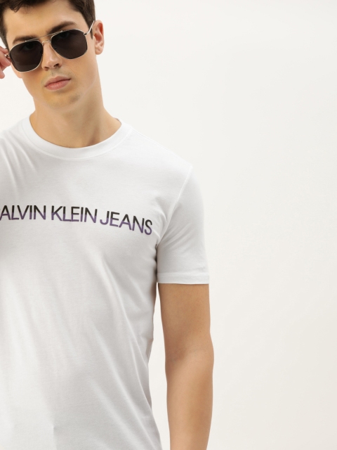 

Calvin Klein Jeans Men White Printed Round Neck T-shirt with Applique Detail