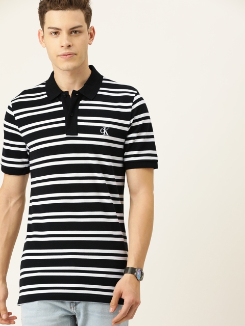 

Calvin Klein Jeans Men Black & White Striped Slim Fit Polo Collar T-shirt