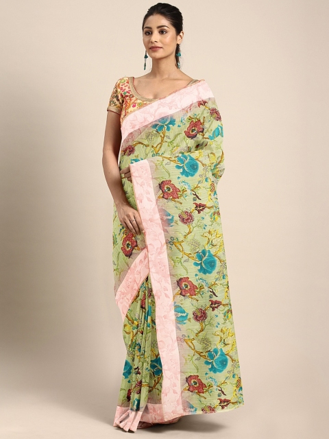 

KALINI Green & Maroon Pure Linen Printed Saree