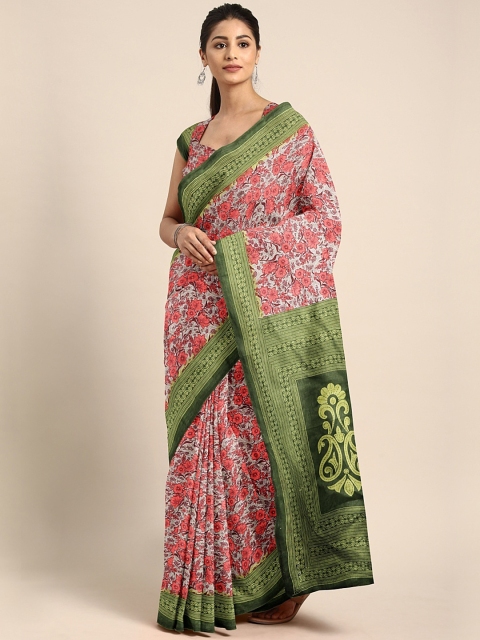 

KALINI Pink & Green Pure Cotton Floral Printed Saree