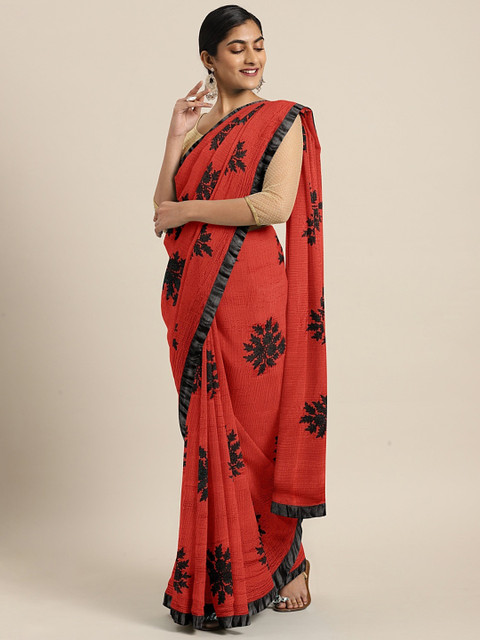 

KALINI Red & Black Pure Chiffon Embroidered Saree