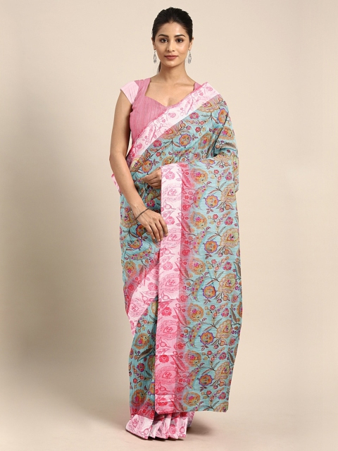 

KALINI Blue & Pink Pure Linen Floral Printed Saree
