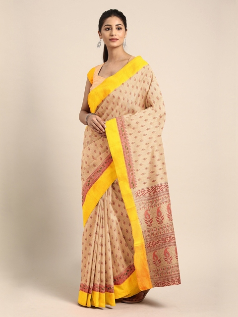 

KALINI Peach-Coloured & Yellow Pure Cotton Printed Saree