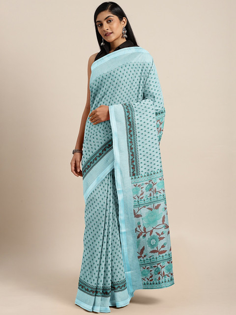 

KALINI Blue Floral Printed Pure Cotton Saree