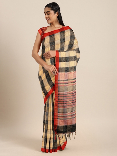 

KALINI Beige & Black Art Silk Striped Kota Saree