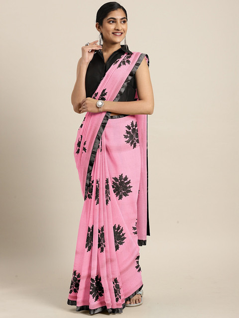

KALINI Pink & Black Pure Chiffon Embroidered Saree