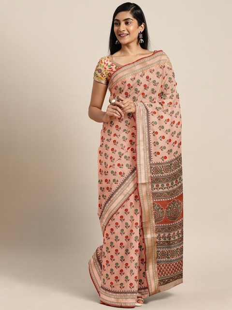 

KALINI Peach-Coloured & Red Pure Cotton Printed Saree