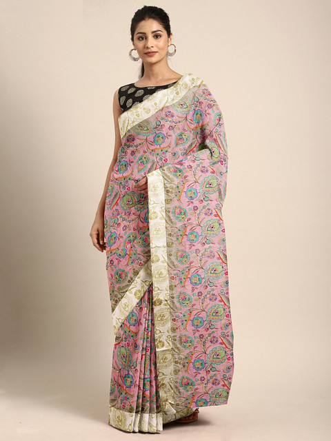 

KALINI Pink & Blue Pure Linen Floral Printed Saree