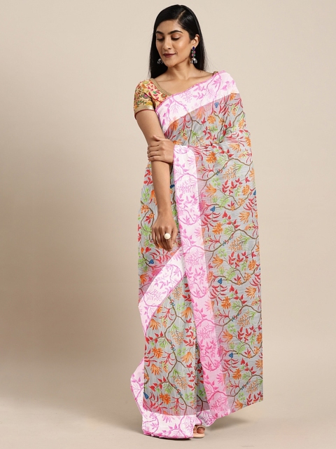 

KALINI Grey & Red Pure Linen Floral Printed Saree