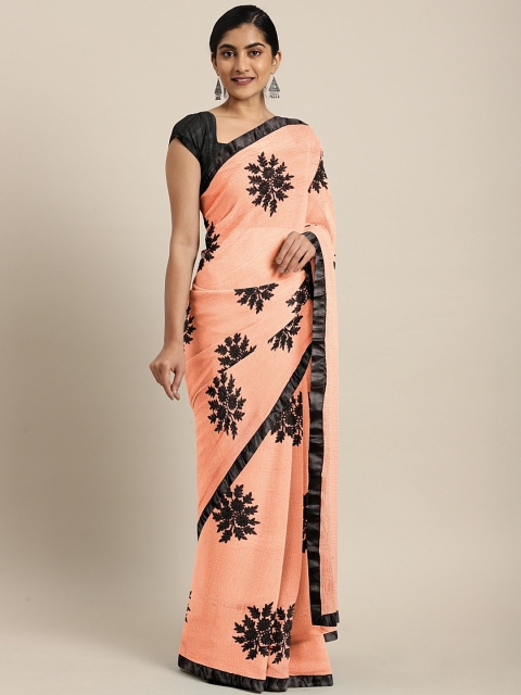 

KALINI Peach-Coloured & Black Pure Chiffon Embroidered Saree
