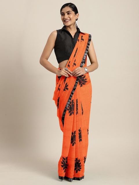 

KALINI Orange & Black Pure Chiffon Embroidered Saree