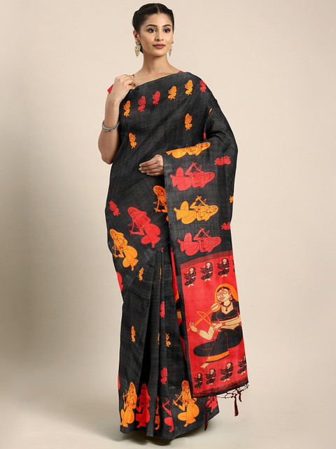 

KALINI Black & Red Art Silk Printed Khadi Saree