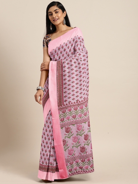 

KALINI Pink & Green Pure Cotton Floral Printed Saree