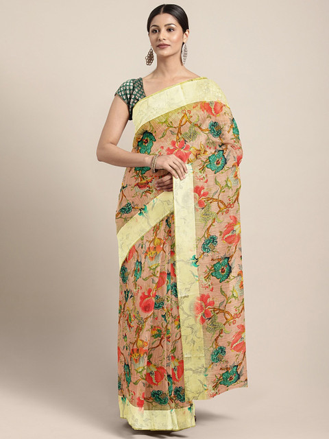 

KALINI Multicoloured Floral Printed Pure Linen Saree, Multi