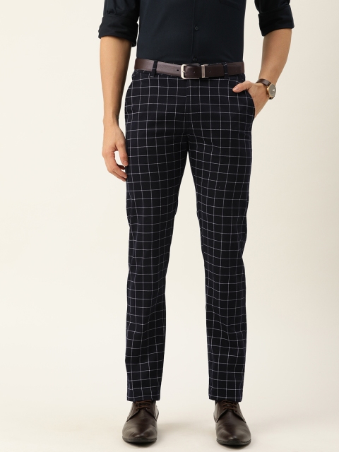 

Hancock Men Navy Blue & White Slim Fit Checked Formal Trousers