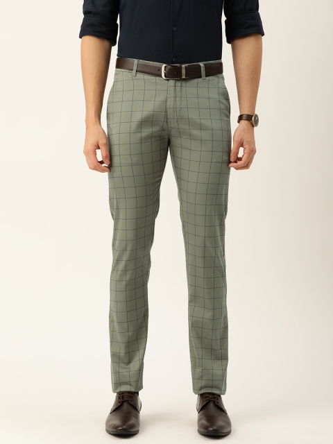 

Hancock Men Olive Green Slim Fit Checked Formal Trousers