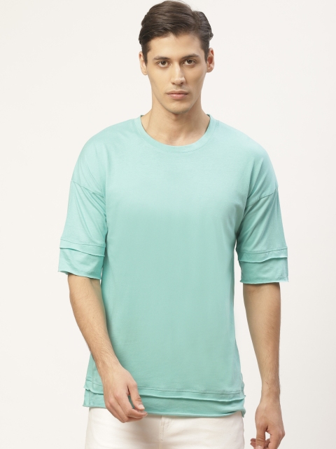 

PAUSE SPORT Men Sea Green Solid Round Neck Pure Cotton T-shirt