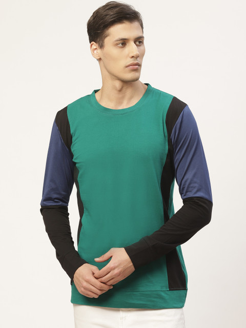 

PAUSE SPORT Men Green & Navy Blue Solid Round Neck T-shirt