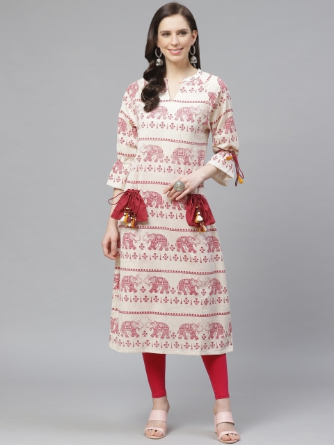 

Shree Women Off-White & Maroon Elephant Print A-Line Dress
