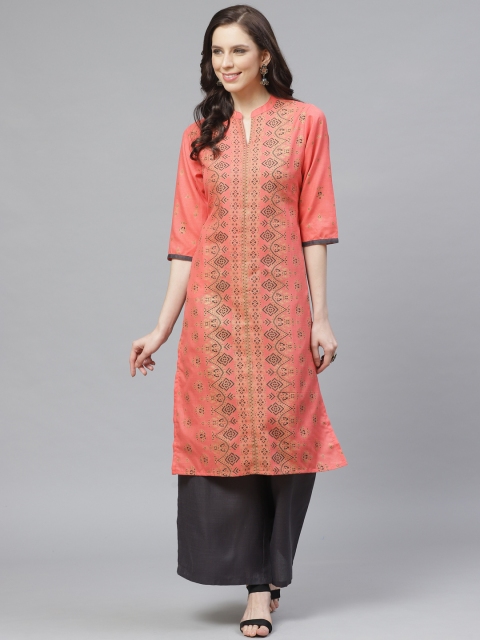 

Shree Women Coral Pink & Charcoal Grey Printed Kurta with Palazzos