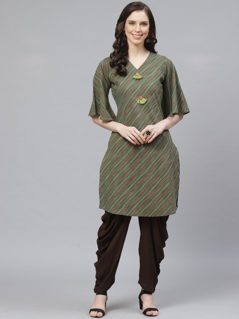 

Shree Women Green & Brown Striped Kurta with Dhoti Pants