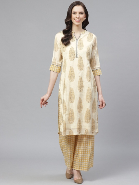 

Shree Women Off-White & Mustard Yellow Paisley Printed Kurta with Palazzos