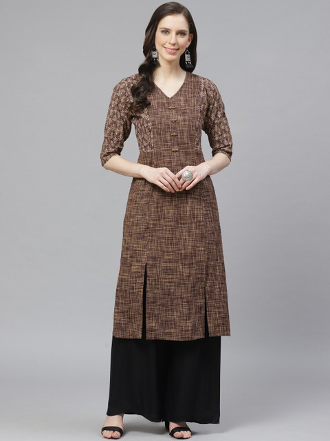 

Shree Women Brown & Beige Woven Design Straight Kurta
