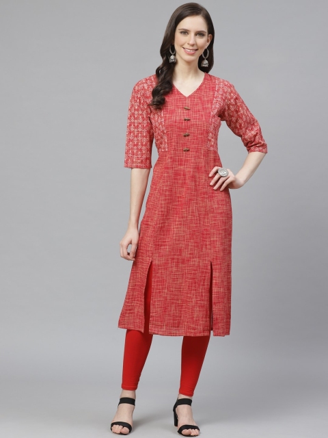 

Shree Women Coral Red & Beige Woven Design Straight Kurta