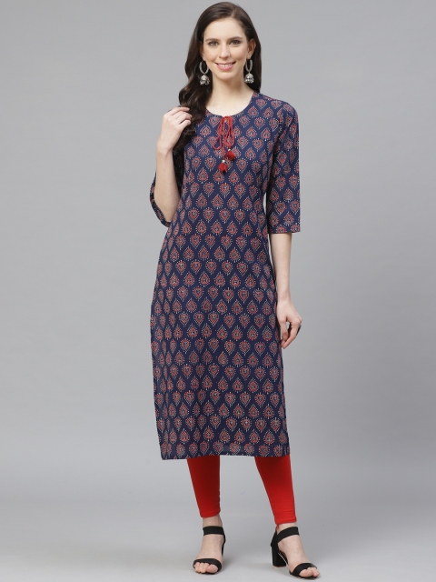 

Shree Women Navy Blue & Red Printed Straight Kurta