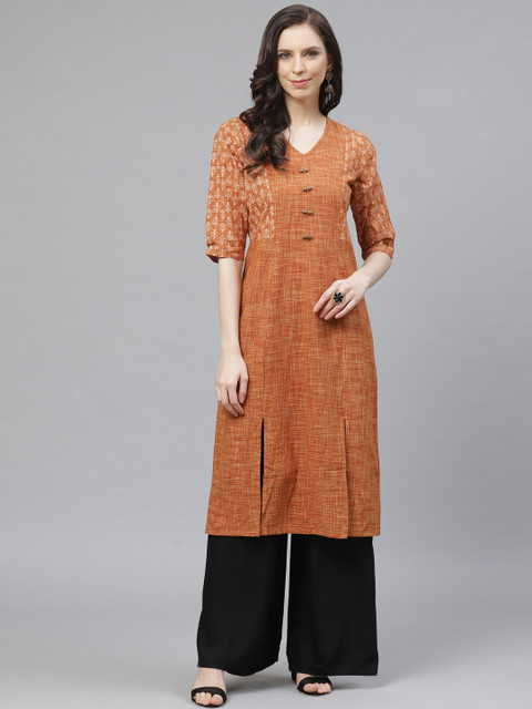

Shree Women Brown Handloom Block Print Detail Woven-Design A-Line Kurta