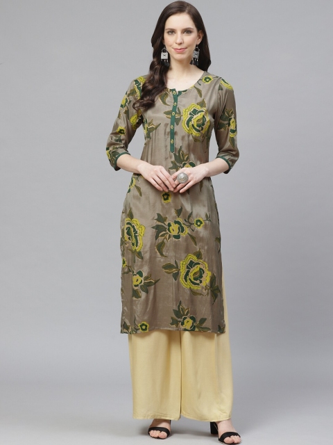 

Shree Women Grey & Yellow Floral Print Straight Kurta